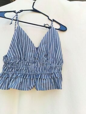 Striped Blue Smocked Tie-Shoulder Crop Top
